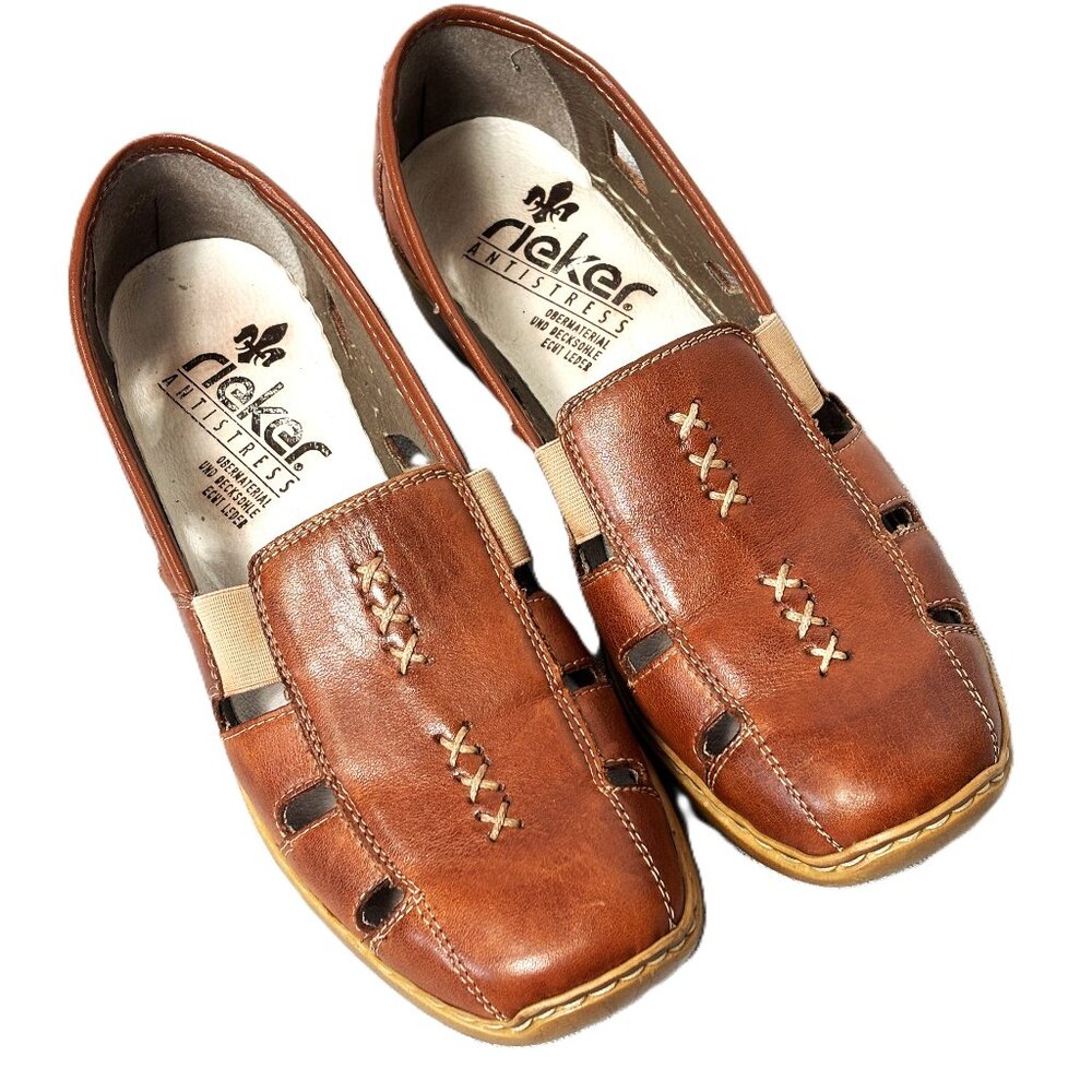 Rieker Leather Anti Stress Brown Perforated Slip On Ballet Shoes US 8.5 EU 40